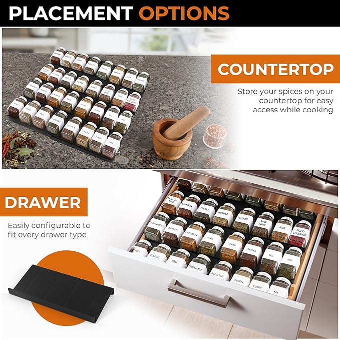 ALCOVA Expandable Spice Drawer Organizer 9-18" Black (Jars Not Included) | Expandable Spice Drawer Organizer, Spice Rack, Seasoning Organizer