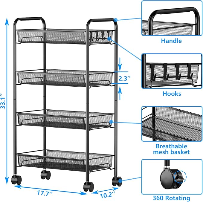 4-Tier Mesh Rolling Cart - 35 BLS/Tier Full Metal Cart with Wheel & 4 Hooks | Space-Saving 140bls Capacity Storage Organizer Crafts Utility Cart for Kitchen Pantry Office Bathroom Laundry Nursery, Black