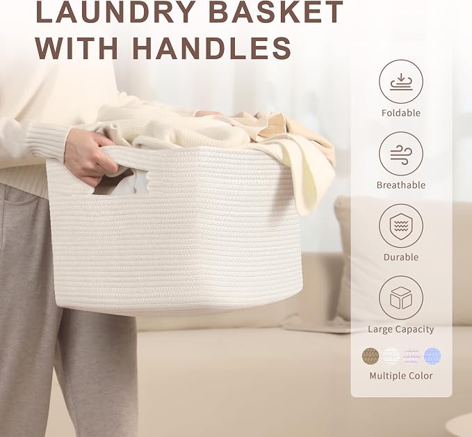 45L Small Woven Laundry Basket Hamper with Handles, White | 18"x14"x11", collapsible wicker hamper, storage for dirty clothes, toys, blankets, gifts, living room, bedroom, bathroom