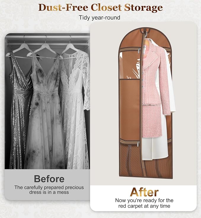 MISSLO 60" Dress Bags for Gowns Long with 4 Large Pockets Garment Bags for Travel for Women Heavy Duty Wedding Dress Bag for Hanging Clothes Garment Covers, Beige