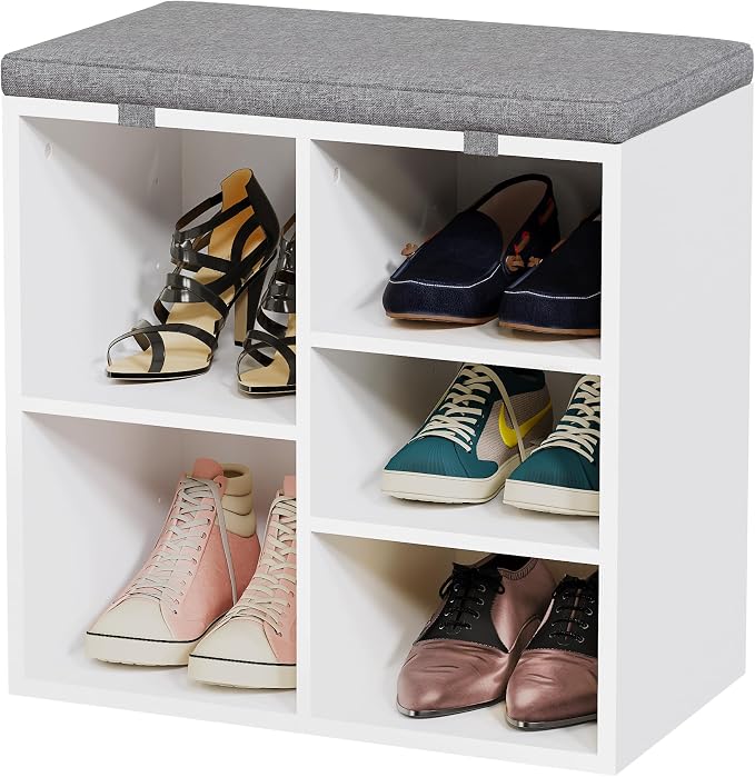 coucheta Shoe Storage Bench with Cushion, Cubby Seat Shoe Cabinet, Small Shoe Rack Bench with 3-Tier Adjustable Shelf for Entryway, Bedroom, Living Room, Hallway, Closet and Garage (White, 20 Inches)