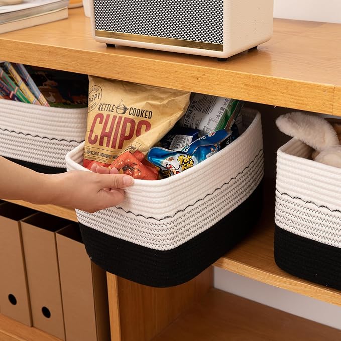 OIASKET 4 Pack Storage Baskets for Organizing, 13"X9"X7.87", Decorative Cotton Rope Baskets for Shelves, Small Woven Basket for Toys, Books and Towels, Black & White