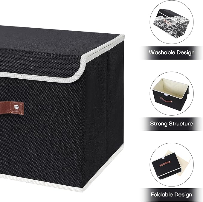 ANMINY Storage Bin with Lid Storage Boxes with PU Leather Handles PP Plastic Board Decorative Foldable Lidded Cotton Linen Fabric Home Cubes Baskets Closet Organizer Container - Black, Medium