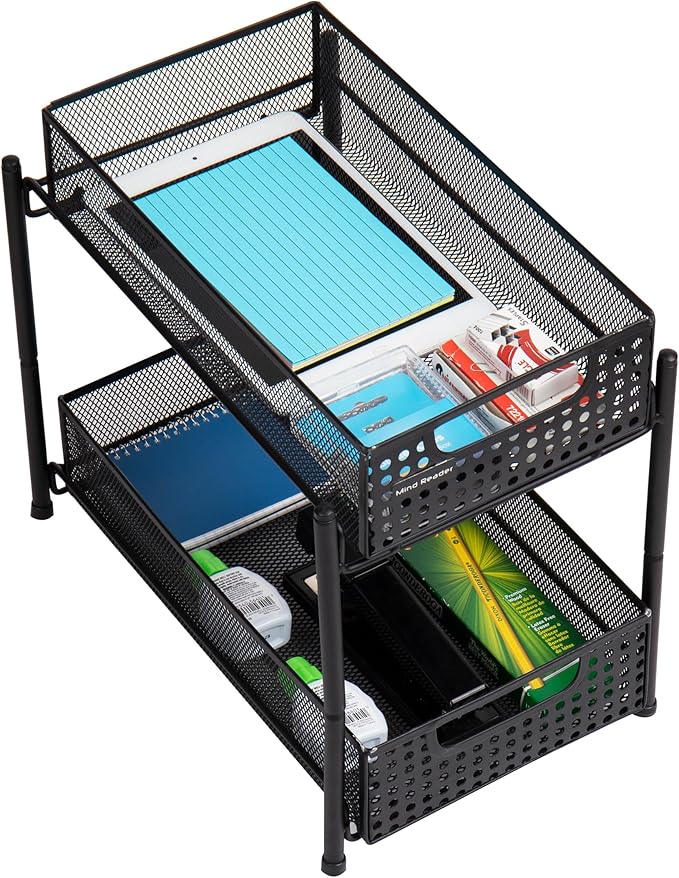 Mind Reader Accessory Organizer, Supply Storage, Desktop, Crafts, Office, Metal Mesh, 8"L x 12.5"W x 11.25"H, Black