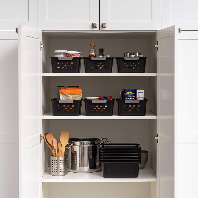 IRIS USA 12-Pack, Small Plastic Storage Basket, Black | Organize pantry items, office supplies, crafts, accessories, and household essentials with easy-carry storage for shelves