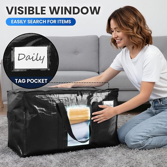 TAILI Extra Large Moving Bags, 10 Pack Black Heavy Duty Totes For Storage with Visible Window, Wrap Around Handles, Storage Bags for Space Saving, Alternative to Moving Boxes