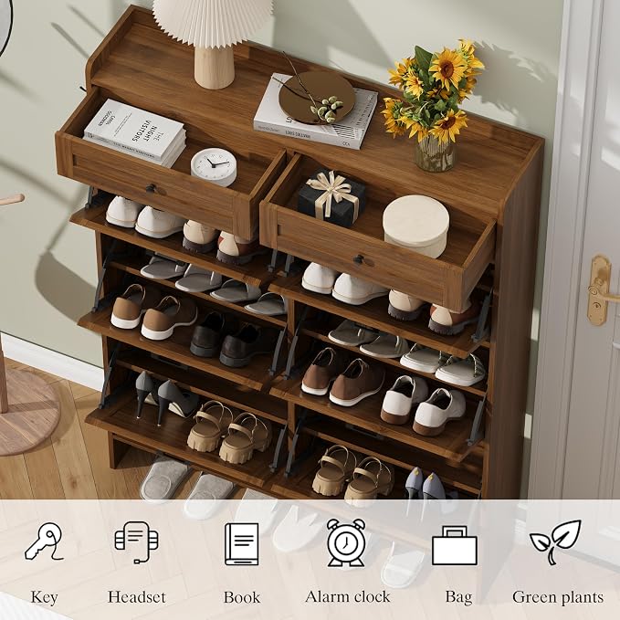 Thacuok Shoe Cabinet with 6 Flip Drawers & 2 Storage Drawers, Rustic Farmhouse Narrow Shoe Organizer Cabinet, Slim Shoe Rack Cabinet, Shoe Storage Cabinet for Entryway, Hallway, Front Door