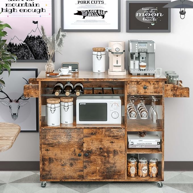 IRONCK Kitchen Island Cart with Wheels for Kitchen and Dining Room | Wine Rack, Drawers, Open Shelves, Storage, Drawer space