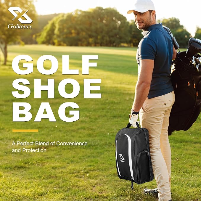 Golkcurx Golf Shoe Bag Travel Sport Shoe Carrier Bags for Men Women, Black | Zippered, Side Accessory Pockets, for Socks, Tees, Golf Balls, Travel Sport Shoe Carrier, Golf Accessories, Golf Gifts