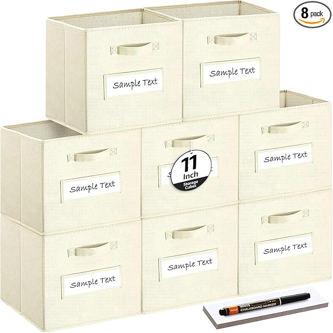 Fabric storage cubes (Set of 8) 11 Inch Cube Storage Bin, Cube storage with 8 Labels Window Cards & a Pen, Foldable cube organizer bins,11x11 Storage bin, Cubby Organizer Boxes, Beige