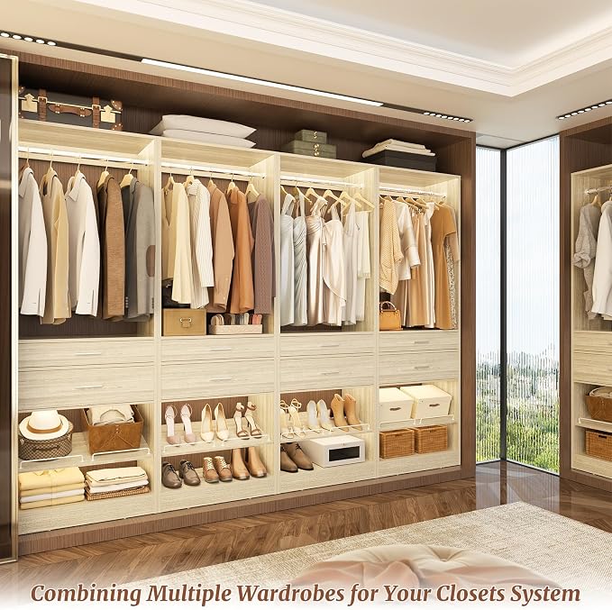 Unikito 25” W x 80'' H Closet System Organizer with Hanging Rod and 2 Wooden Drawers, Adjustable Shoes Rack, Sturdy Garment Racks, Walk-in Closet Tower for Bedroom, Mudroom, and Entryway, White Oak