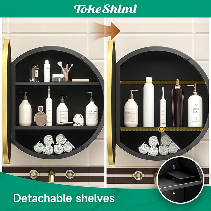 TokeShimi 20 Inch Round Gold Framed Medicine Cabinet for Bathroom with Vanity Mirror Small Metal Bathroom Mirrored Cabinet for Wall Mounted Only Circle Farmhouse Medicine Cabinet Detachable Shelves