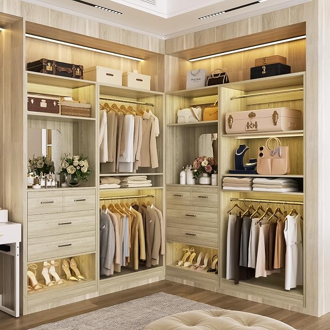 Unikito 61" Closet System, Heavy Duty Wood Closet Organizer with 2 Hanging Rods, Walk-in Wardrobe Garment Rack with Adjustable Shelves, Free-standing Clothing Rack, White Oak