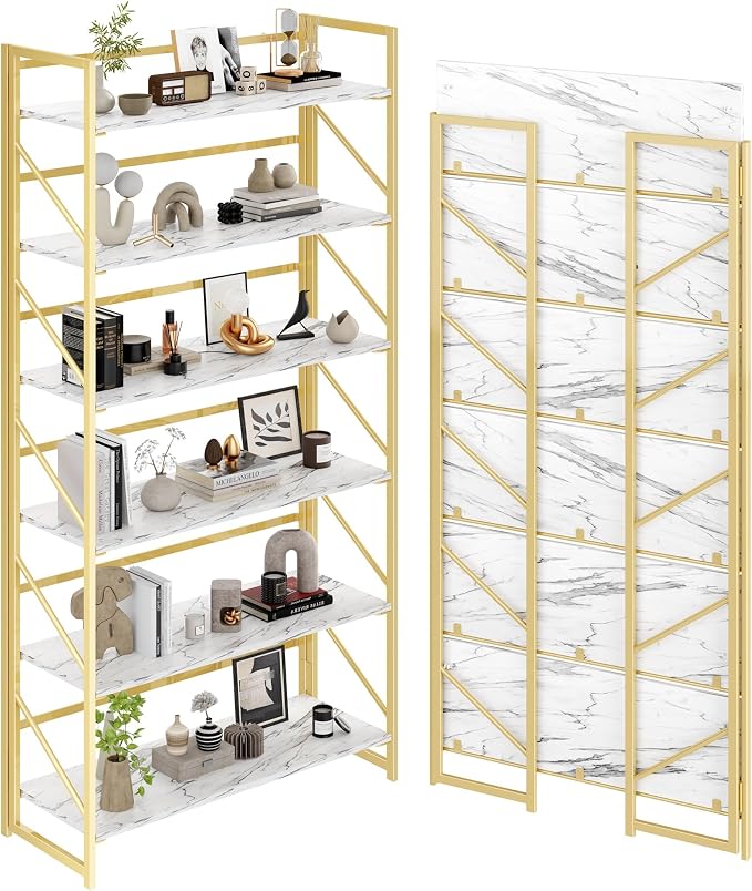 JSB 6 Tier No Assembly Folding Bookshelf, 30.7" Wide Foldable Storage Bookcase for Home Office, Space-Saving Storage Shelf for Living Room (White&Gold)