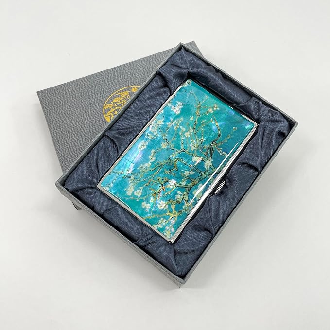 Mother of Pearl Business Card Case Credit Id Name Holder Travel Wallet Art Painting Design Metal Stainless Steel Engraved Slim Purse Pocket Cash Money Wallet (Almond Blossom)