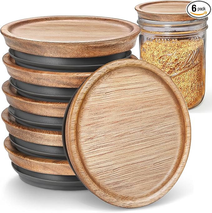 6-Pack Wide Mouth Wooden Mason Jar Lids for Ball/Mason Jars, Reusable Acacia Wood Mason Jar Lids with Airtight Silicone Seal Perfect for Dry Food Storage (Brown)