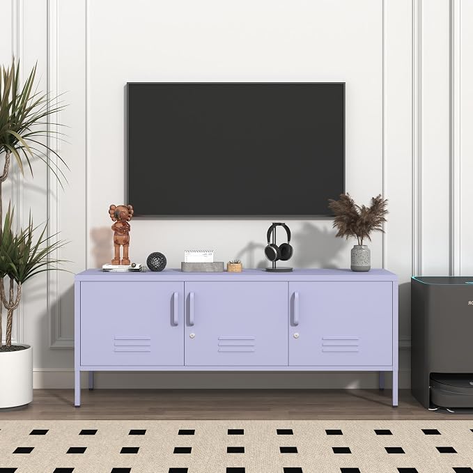 Metal Storage Cabinet with Adjustable Shelves, Wide Lockable TV Stand, Multipurpose Accent Cabinet, Purple Colorful Locker for Home Office Living Room, 22" H x 47.3" x 13.8" D