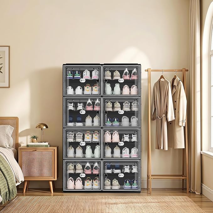 Foldable Shoe Cabinet with Magnetic Clear Doors, Wide Design Shoe Rack for Entryway, Portable Shoe Organizer Meeting Diverse Storage Needs (Black, 2Row 8Tier)