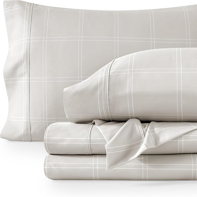 Bare Home Twin XL Sheet Set - College Dorm Size - Luxury 1800 Ultra- Soft Double Brushed Microfiber - Deep Pockets - Easy Fit - 3 Piece Bedding Sheet Set (Twin XL, Modern Plaid - Stone/White)