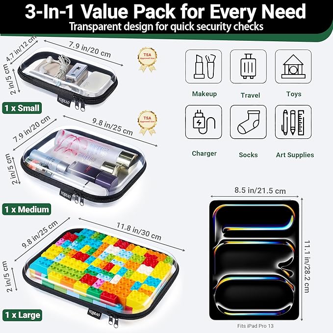 YQBRAO Clear Hard Shell Organizer Cases, 3-Pack, Black | Large, medium & small clear organizers in rigid PET for travel, office, tech and everyday organization