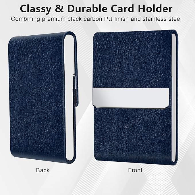Business Card Holder with Magnetic Closure, Slim Metal PU Business Card Case for Men Women, 3.7 x 2.3 inches RFID Blocking Credit Cards Holder for Pocket or Bag Storage, Dark Blue
