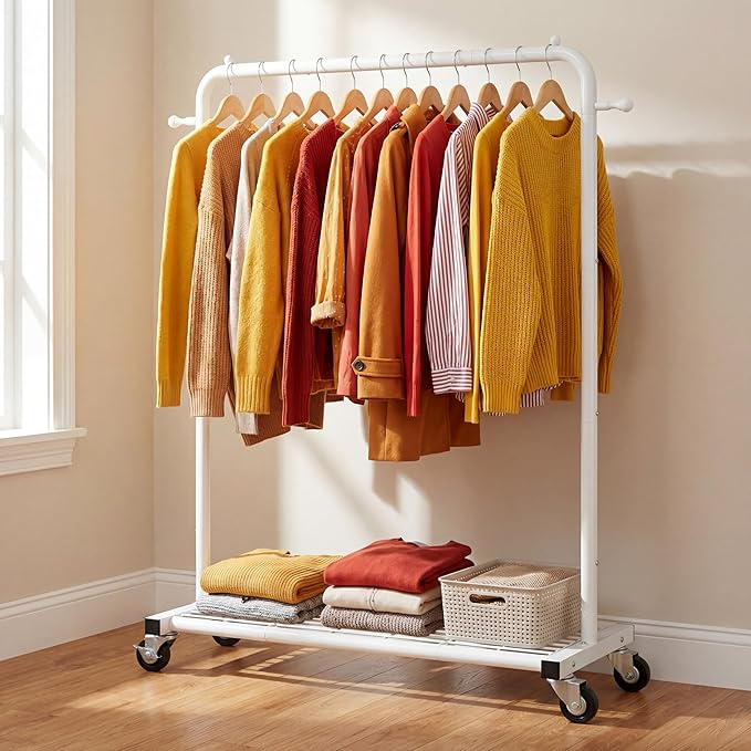 Sywhitta Clothing Rack on Wheels with Mesh Storage Shelf & Sturdy Metal Frame, Rolling Garment Rack for Hanging Clothes, Coats, Skirts, 39.76" L x 16" W x 64.56" H,White