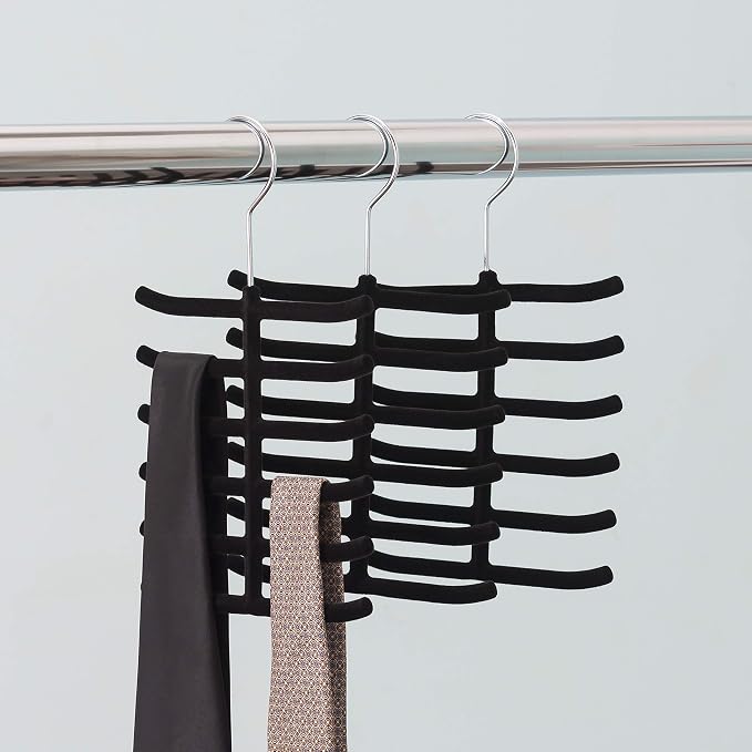 3-Pack Non-Slip Velvet Tie Hanger Organizer Rack by Home Basics | 360° Rotatable Hook | Holds 12 Ties Each | Versatile for Belts and Scarves | Slim Design