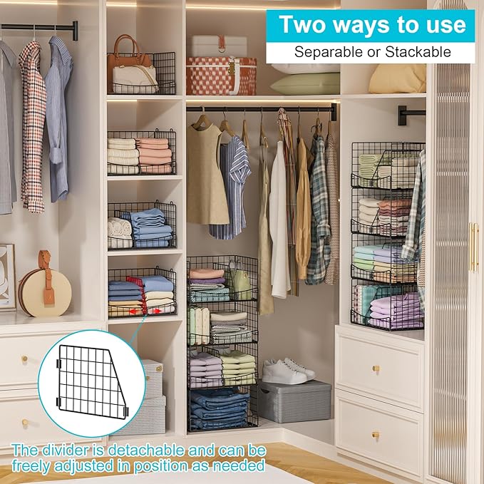 Hongtamoya 4-Tier Closet Organizers and Storage Shelves with Divider, Stackable Closet Shelf Organizer Basket Bins, Clothing Sweaters Storage Container for Wardrobe Cupboard, Black