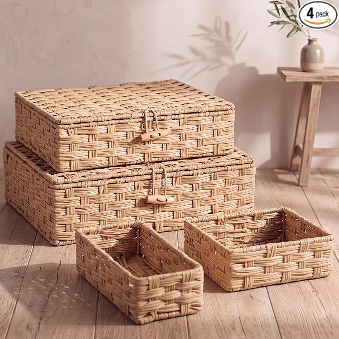 Newtay Set of 4 Woven Wicker Storage Baskets with Lids, Decorative Storage Boxes Lidded Rattan Organizer Bin Home Decor for Shelf, Coffee Table, Closet, Bathroom, Living Room(Plastic,Natural Color)