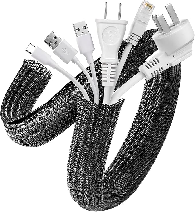 AGPTEK Cable Sleeve Desk Cable Management, 20ft - 1.2 inch, Black | Under Desk Cord Protector, Cable Wrap Wire Hider, Computer TV Wire Loom Tubing, Protect Cord from Cat Dog Chewing