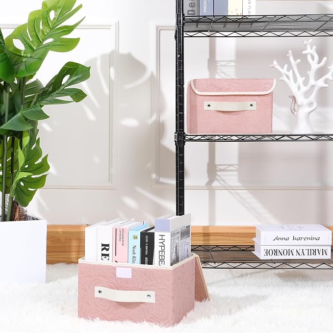 ANMINY Fabric Storage Bin with Lid Rose Print Storage Box Basket with PU Leather Handles Washable PP Plastic Board Decorative Foldable Lidded Shelf Cubes Closet Organizer Container - Pink, Small Size