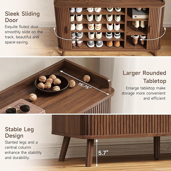 Shoe Cabinet with Sliding Door, 5-Tier Hidden Shoe Rack with Adjustable Shelves, Wooden Shoe Storage Organizer with Open Bottom Space, Freestanding Shoe Shelf for Entryway Hallway Apartment, (Walnut)