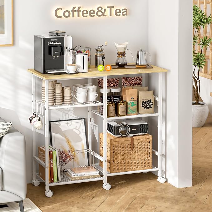ThreeHio Rolling Kitchen Microwave Cart, 3-Tier Microwave Stand with Adjustable Shelf, Kitchen Storage Island on Lockable Wheels, Coffee Bar Baker's Rack Cart for Living Room, Office, Balcony, White