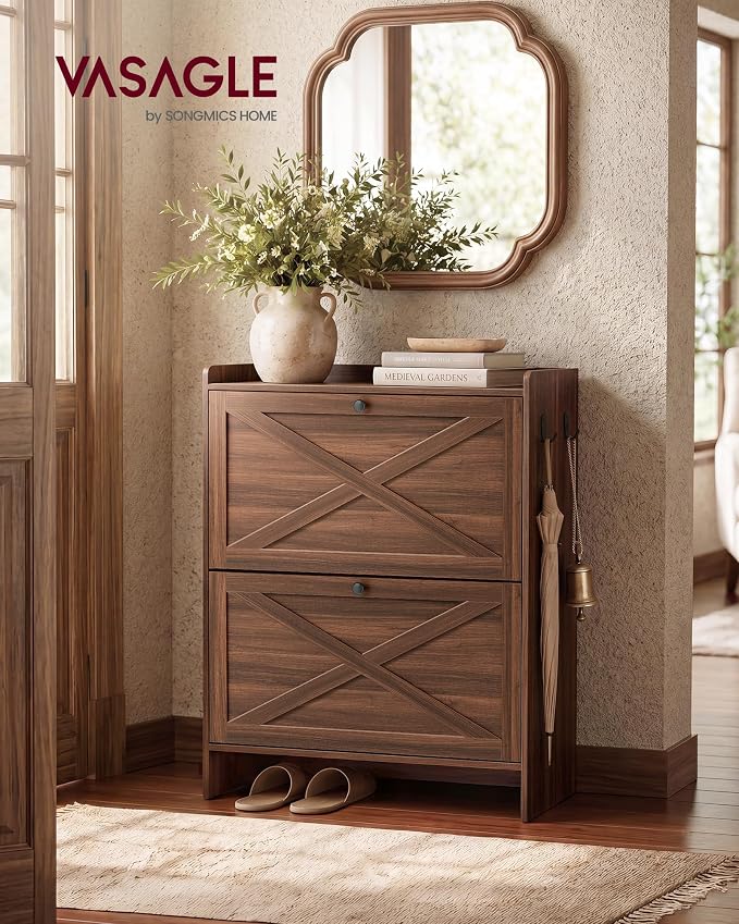VASAGLE Shoe Storage Cabinet Organizer with 2 Flip Drawers, Freestanding Narrow Shoe Rack Cabinet for Entryway, Farmhouse Style, Fits 14 to 16 Pairs, Chestnut Walnut UHSC203KX01