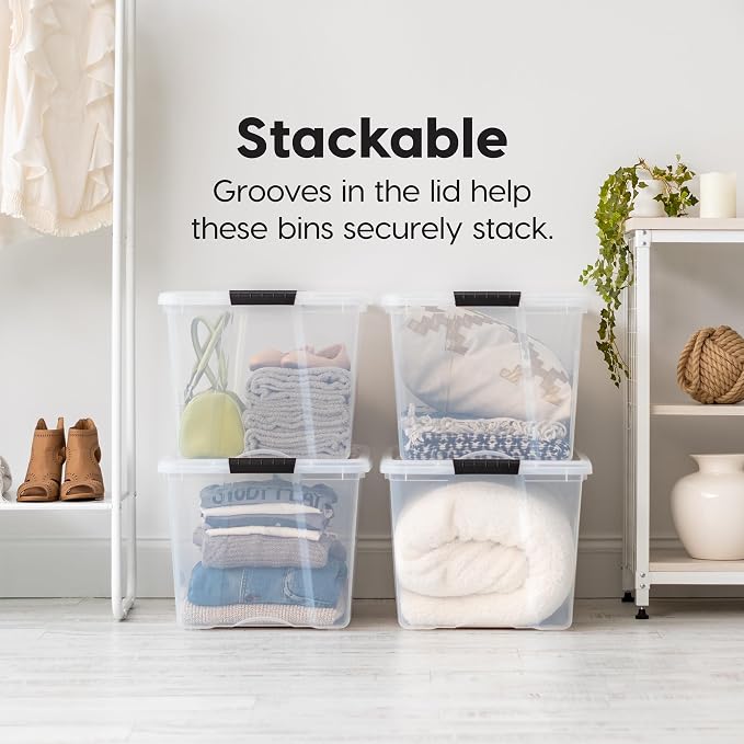 IRIS USA 72 QT Plastic Storage Box with Lid and Latches - 4 Pack - BPA-Free, See-Through Organizing Solution, Durable Nestable Stackable Containers, Secure Pull Handle - Clear