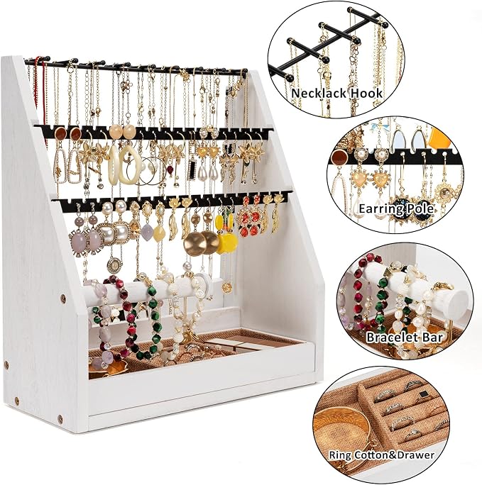 DGWJSU Earring Organizer, 5 Layer Earring Holder Organizer with Necklace Holder, Rustic Wood Jewelry Organizer Stand Display for Stud Earring Bracelet Necklace Ring, Watches