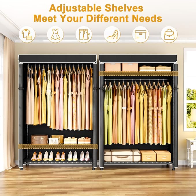 ULIFHOME H5C Plus Clothes Rack with Cover, Portable Closet for Hanging Clothes, Covered Clothing Racks Heavy Duty, Garment Racks with Shelves, Max Load 370LBS, Black Closet Rack with Black Cover