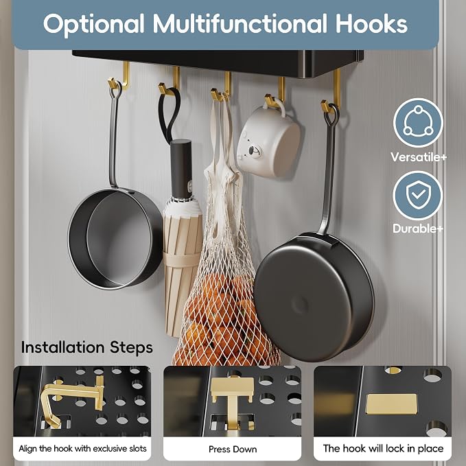 Magnetic Spice Rack for Refrigerator Large Magnet Shelf for Fridge Kitchen Organizer and Storage with 5 Removable Golden Hooks