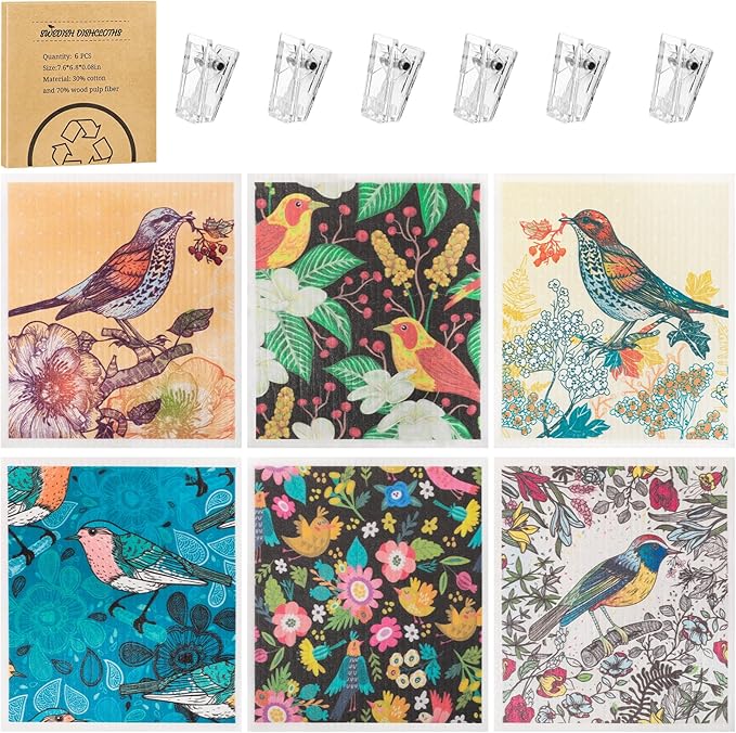 Needbrock 6 Pack Swedish Dishcloths for Kitchen, Swedish Rags Absorbent Retro Bird Dish Cloths Dish Towels with Adhesive Clips, Reusable Paper Towels No Odor for Countertop Dishes Kitchen