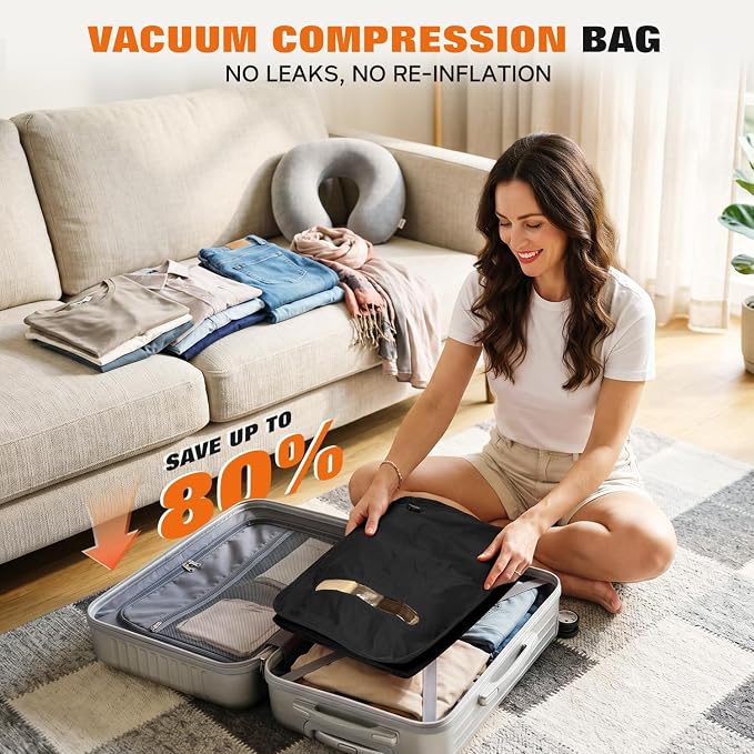 Vacuum Bags for Travel with Wired Pump, Travel Compression Bags for Clothes, 180° Open Zipper, Save 80% Space, IP68 Waterproof Travelpack Vacuum Kit for Luggage, Suitcase, Home Storage (2 Pack + Pump)