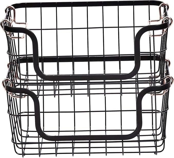 Amazon Basics Stackable Metal Wire Rectangular Storage Baskets for Kitchen, Bathroom or Pantry Organizing, 2 Count, Black (Pack of 4)