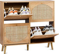 Karl home Natural Rattan Shoe Cabinet with 4 Flip Drawers Entryway Storage | Freestanding Hidden Shoe Organizer Cupboard, Rattan Storage for Entryway, Hallway, Living Room