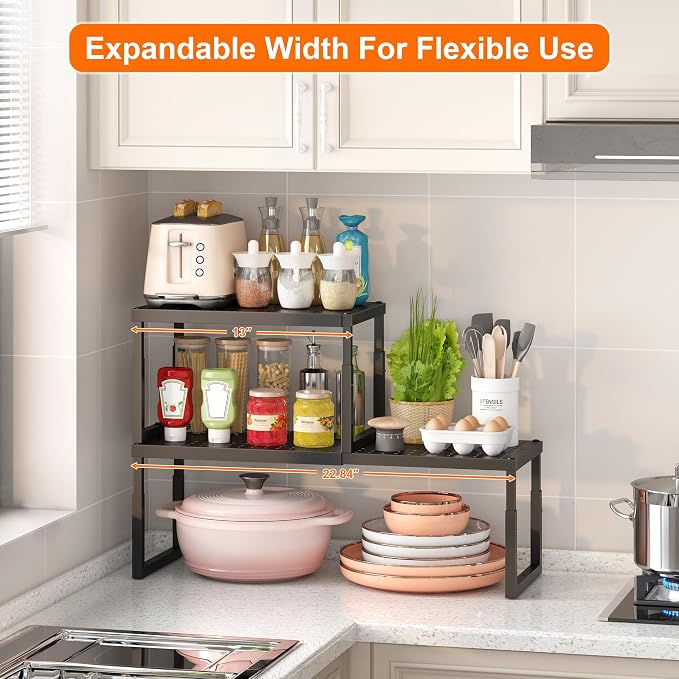 Shelf Organizer Riser For Cabinet Pantry Kitchen Countertop Cupbaord Closet | Expandable Width, Adjustable Height, Stackable As 2-Tier Shelf Rack, Snap-Button: Easily Adjust Height, Heavy Duty Metal