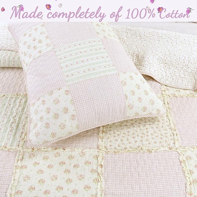 Cozy Line Home Fashions Floral Light Pink True Patchwork 100% Cotton Girl Quilt Bedding Set, Reversible Coverlet Bedspread (Sweet Peach, Twin - 2 Piece)