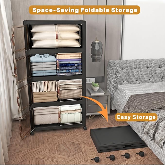 UAMFURI Extra Large Stackable Storage Bins with Lids & Wheels, Foldable Collapsible Closet Organizers Dark Storage Cabinet with Doors for Bedroom Dorm