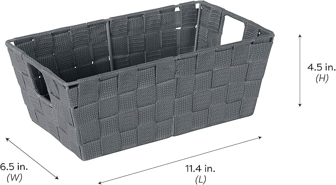 Simplify Small Shelf Woven Strap Tote | Decorative Storage Basket | Built in Handles | Organization | Closet | Bedroom | Bathroom | Nursery | Accessories | Toys | Gifts | 4 Pack | Grey