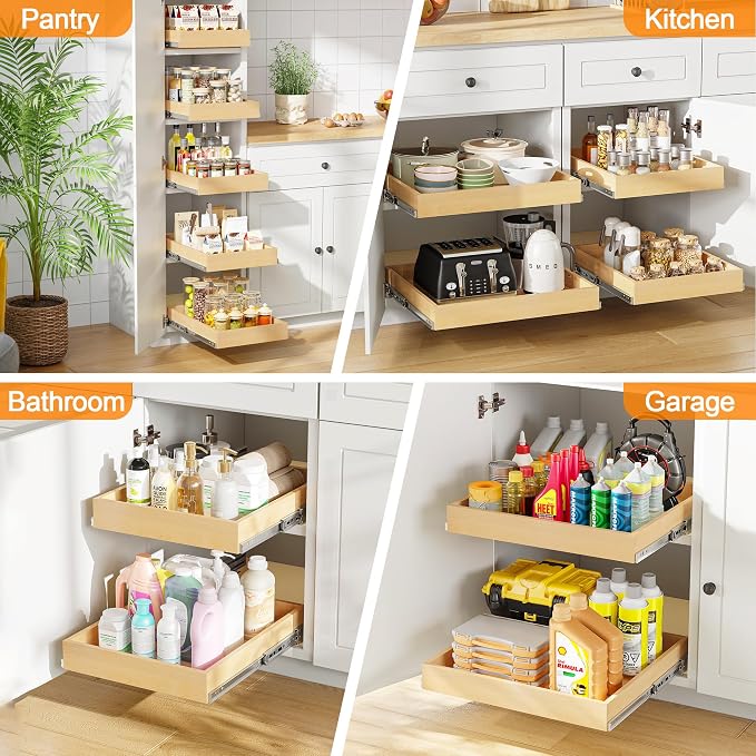 Pull Out Cabinet Organizer, 14" W x 21" D | Soft Close Pull Out Drawers for Cabinets with Heavy Duty Slides, Wood Slide Out Drawers for Kitchen Cabinets