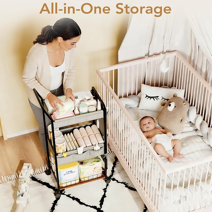 BBLIKE 3-Tier Diaper Caddy Organizer - Rolling Utility Baby Cart with Basket and Side Pockets for Nursery and Baby Essentials, Multi-Function Cart for Bedroom and Bathroom,Gray