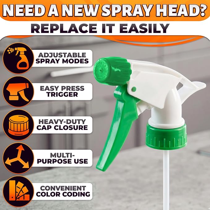 Spray Bottle Nozzle Replacement, 6 Pcs, 8-32oz Bottles (Multicolor) | Replacement Trigger Sprayer Heads for Bottles; Fits 28-400 Thread, Trim-to-Fit Tube; for Cleaning, Garden & Pet Carefor