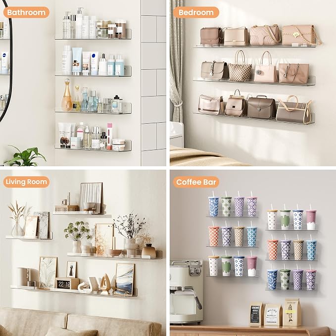 upsimples 6 Pack Acrylic Shelves for Wall Storage, 15" x 4“ Floating Bookshelves for Kids, Display Shelf Organizer for Bathroom, Bedroom, Living Room, Kitchen, Room Decor, Clear | Versatile Clear Floating Bedroom Shelves for Figures & Collectibles, Kid...